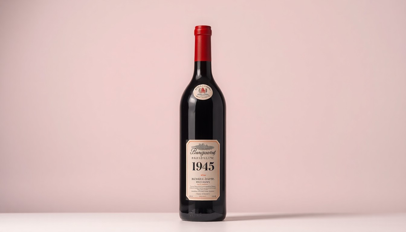 A photorealistic studio still-life image of a single glass bottle of deep red wine against a clean, monochromatic background, representing the legendary 1945 Romanée-Conti vintage that fetched a record-breaking price at auction.