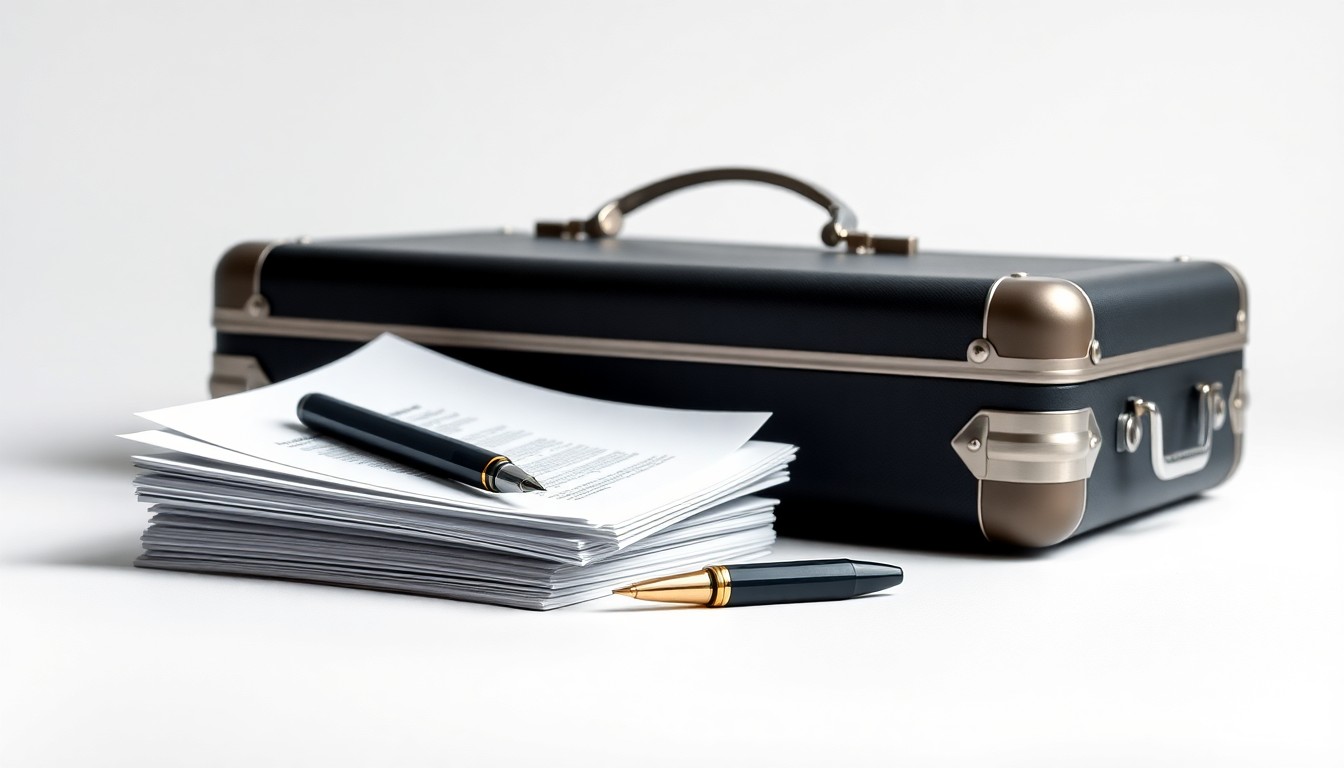 A photorealistic studio still life featuring a stack of legal documents, a fountain pen, and a polished metal briefcase on a clean, monochromatic background, symbolizing the sophisticated legal and business capabilities of the Norton Rose Fulbright law firm.