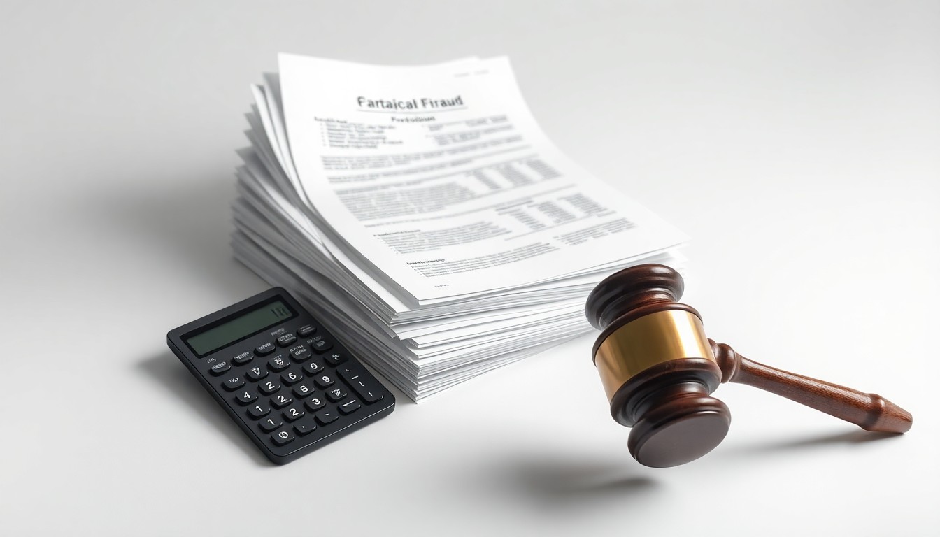 A photorealistic studio still life featuring a stack of financial documents, a calculator, and a gavel floating on a clean white background, conceptually representing a legal case against corporate fraud and investor protection.
