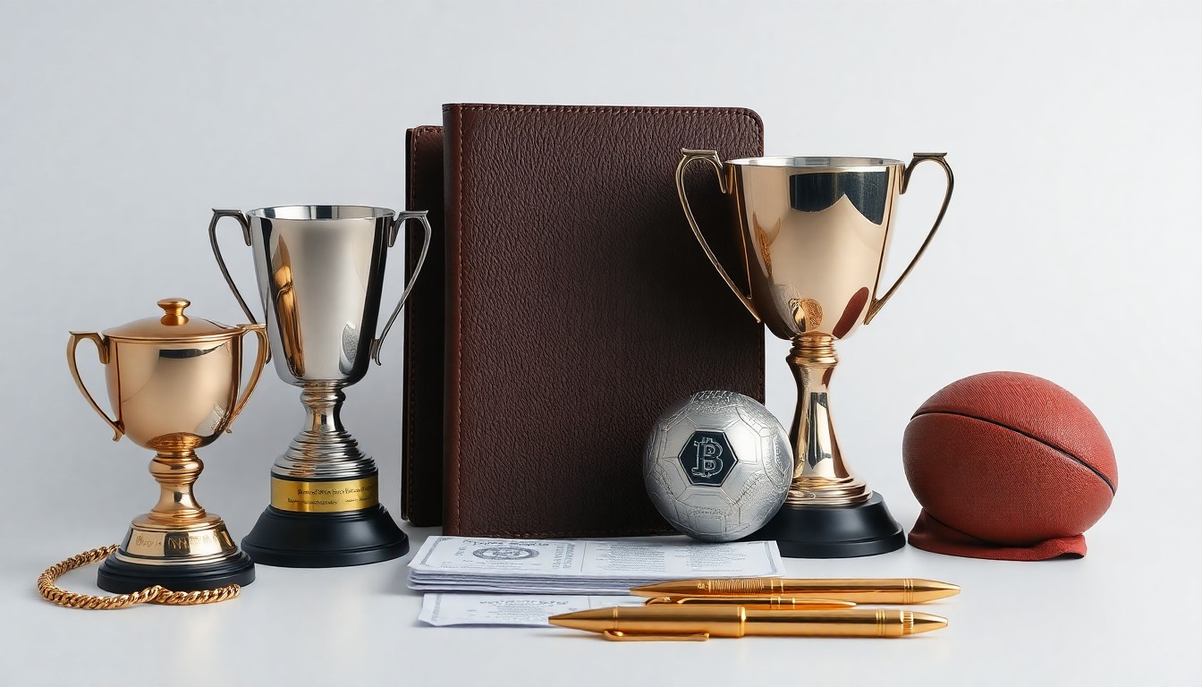 A minimalist studio still life featuring premium business objects like a leather-bound ledger, a metal trophy, and gold-plated pens, conceptually representing the financial challenges facing a professional sports team after a difficult season.