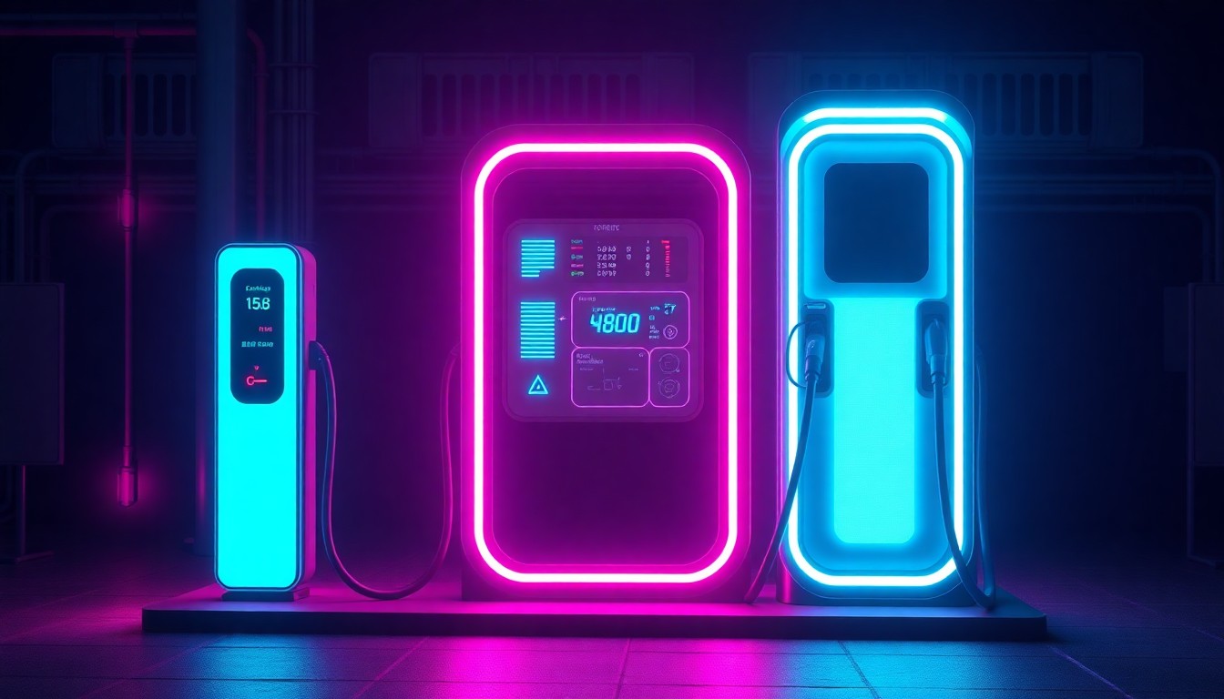A highly detailed, glowing 3D illustration of a futuristic DC fast charger station with neon cyan and magenta lights illuminating the various components, set against a dark, industrial background to represent the advanced technology powering electric vehicle charging.