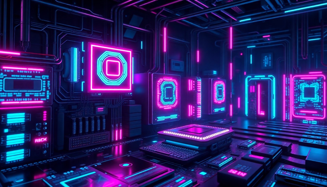 A highly detailed 3D illustration of glowing, futuristic AI hardware components in a dark, moody cyberpunk environment, conceptually representing the technical challenges involved in integrating advanced AI features into a mobile operating system.