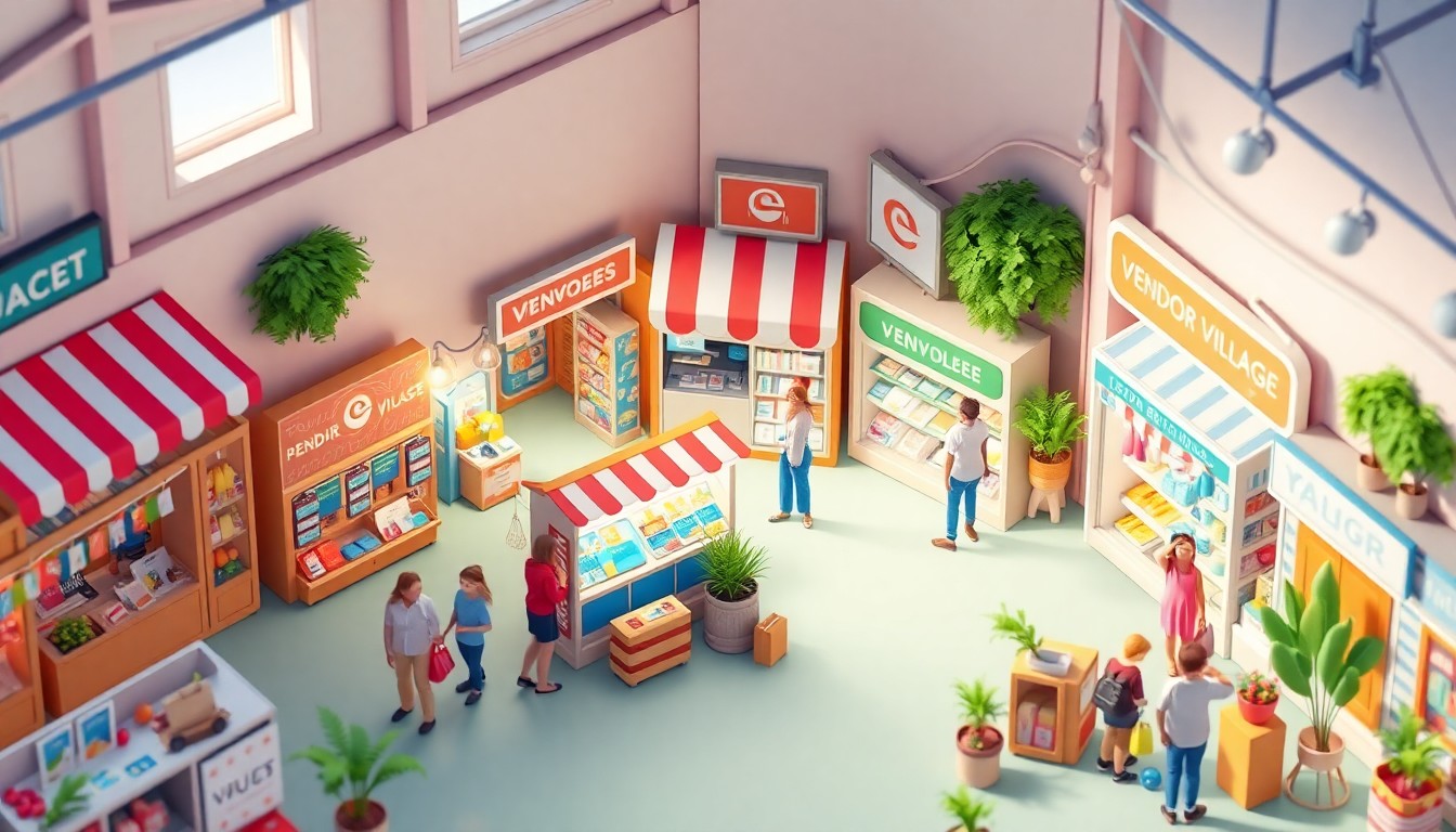 A colorful, stylized 3D illustration depicting the interior of a bustling small business marketplace, with diverse vendor stalls, shoppers, and a vibrant atmosphere conveying the energy and community spirit of this new local retail hub.