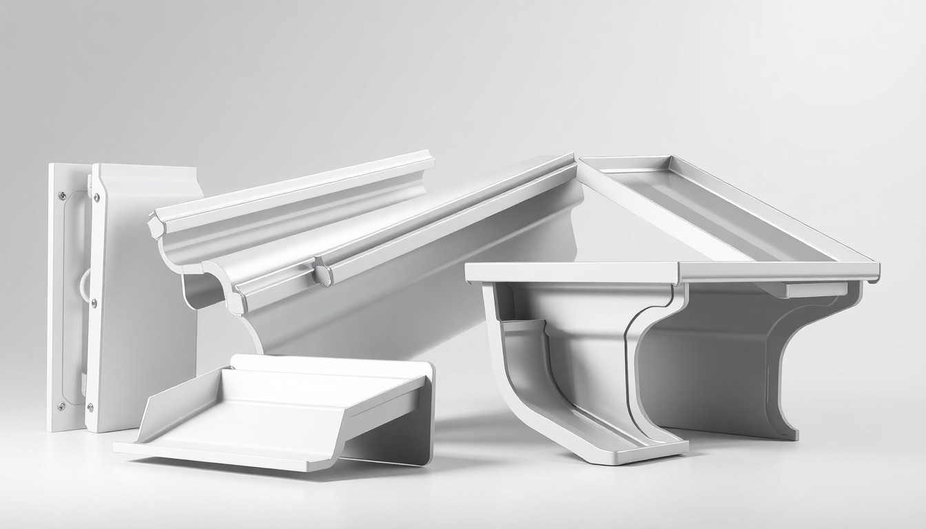 A high-end, photorealistic studio still-life photograph featuring a set of premium, polished aluminum rain gutters in various angles and configurations, arranged elegantly on a clean, monochromatic seamless background to represent the importance of effective gutter protection.