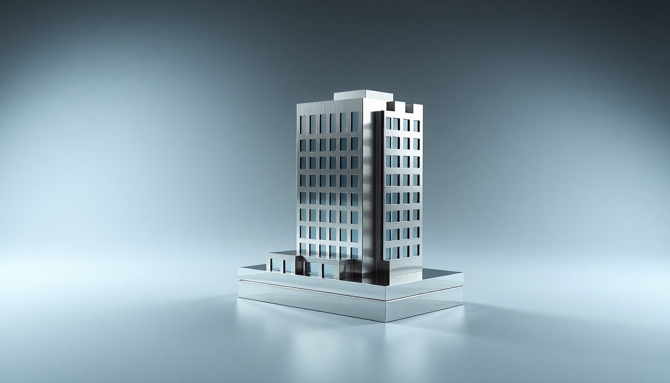 A high-end, photorealistic studio still-life photograph featuring a polished, geometric metal sculpture in the shape of a stylized hotel building, resting on a clean, monochromatic background and reflecting dramatic studio lighting to create a sense of refined elegance and corporate sophistication.