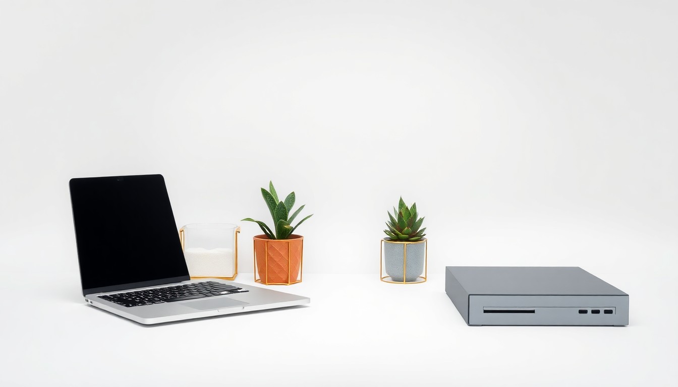 A photorealistic studio still life featuring a sleek laptop, a minimalist desk organizer, and a potted succulent plant, symbolizing the premium services and attention to detail of a marketing agency.