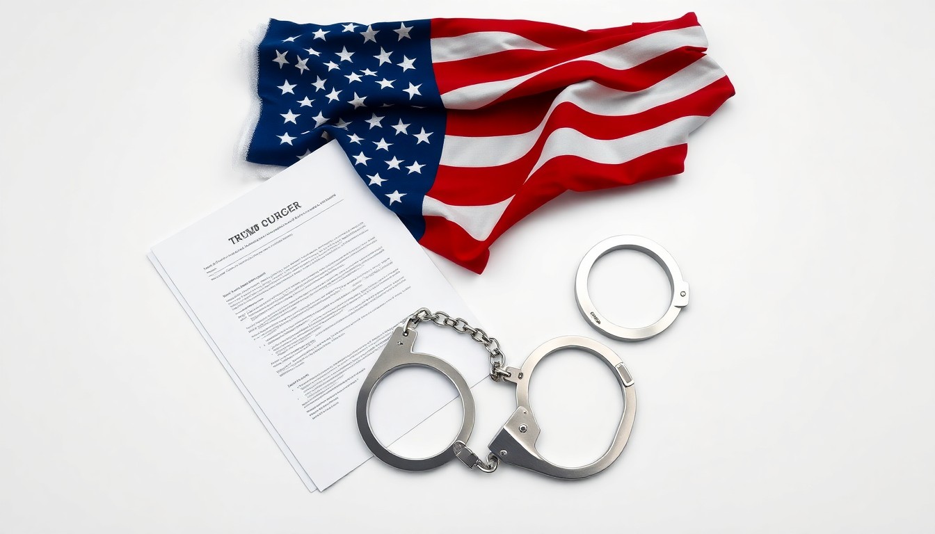 A photorealistic studio still-life photograph featuring a stack of legal documents, a pair of handcuffs, and a crumpled American flag, symbolizing the legal and immigration troubles that led to the downfall of the Trump Burger brand.