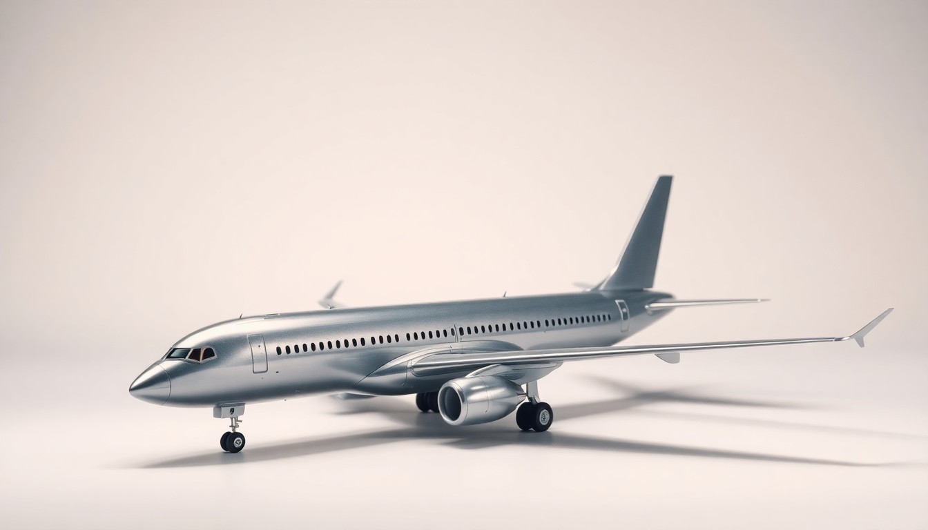 A highly detailed, photorealistic studio photograph of a sleek, metallic model airplane positioned on a clean, monochromatic background, using dramatic lighting and shadows to convey a sense of corporate strategy and leadership challenges.