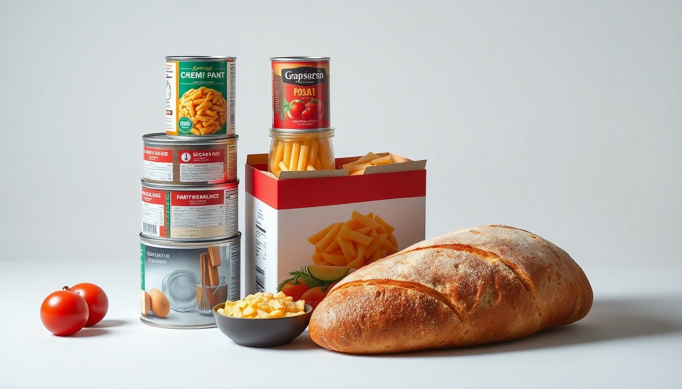 A photorealistic studio still life featuring a stack of canned goods, a box of pasta, and a loaf of bread, symbolizing the tangible impact of corporate donations to community food assistance programs.