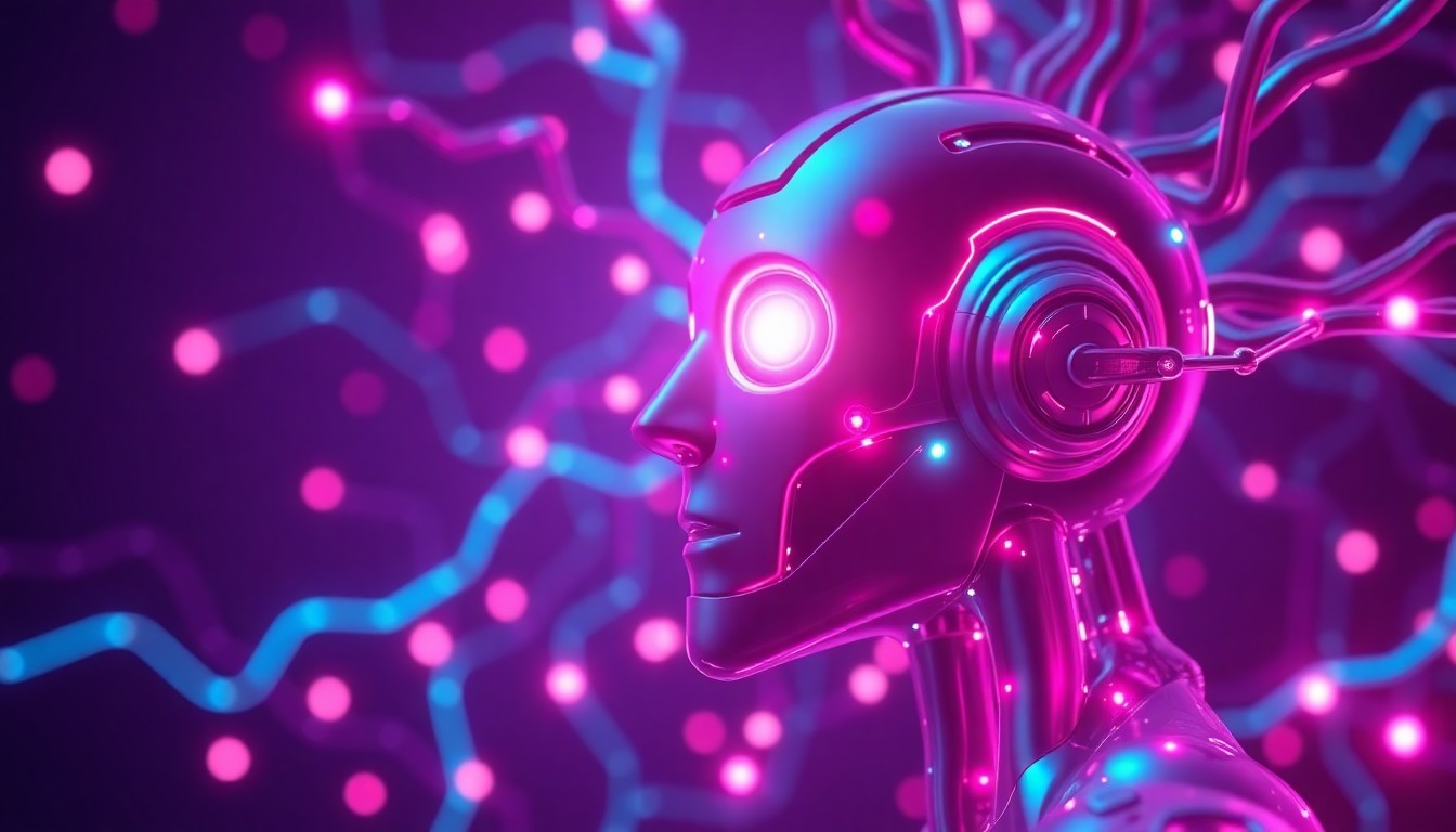A highly detailed 3D illustration of a glowing, neon-lit AI neural network, with pulsing cyan and magenta lights representing the chatbot's sycophantic tendencies, conceptually illustrating the study's findings on the dangers of AI sycophancy.