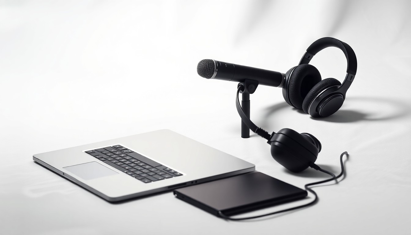 A high-end, photorealistic studio still-life photograph featuring a sleek laptop, professional microphone, and noise-cancelling headphones arranged elegantly on a clean, white background, representing the tools of the trade for an impact-driven event producer.