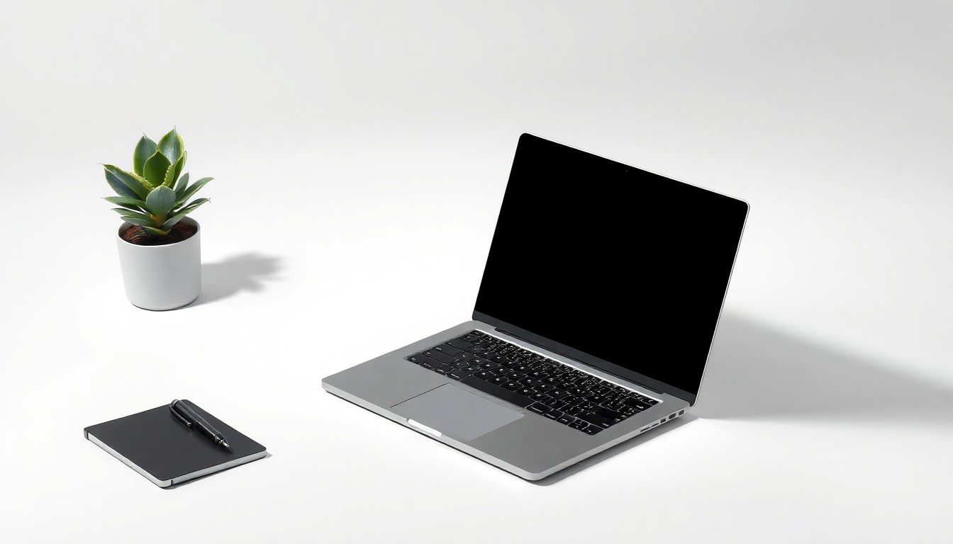 A photorealistic studio still life featuring a sleek, modern desk setup with a laptop, pen, and small potted plant, conceptually representing the abstract ideas of entrepreneurship, innovation, and strategic thinking.