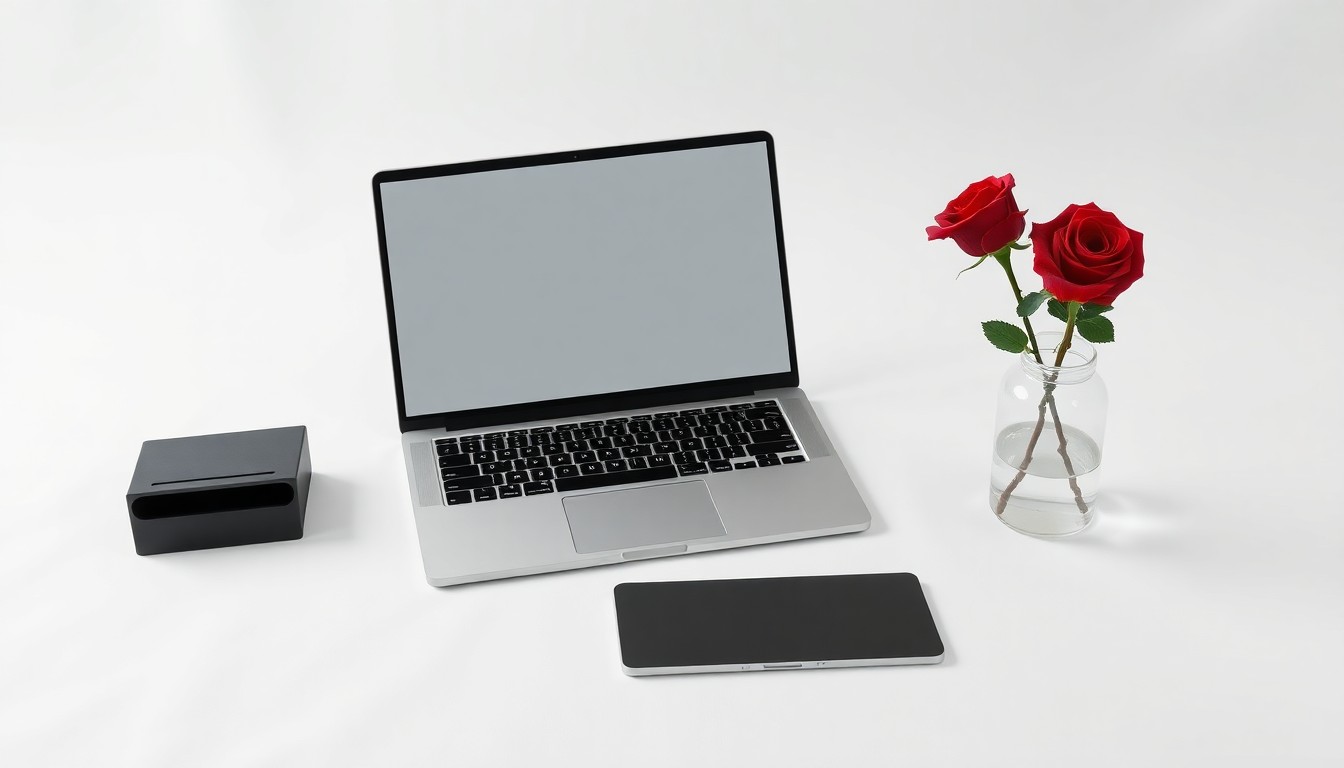 A photorealistic studio still life featuring a laptop computer, desk organizer, and red rose, symbolizing the blend of technology, design, and human connection in experiential marketing.