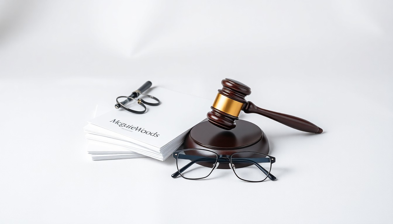 A photorealistic studio still-life featuring a stack of legal documents, a gavel, and a pair of reading glasses, symbolizing the leadership changes at the law firm McGuireWoods.