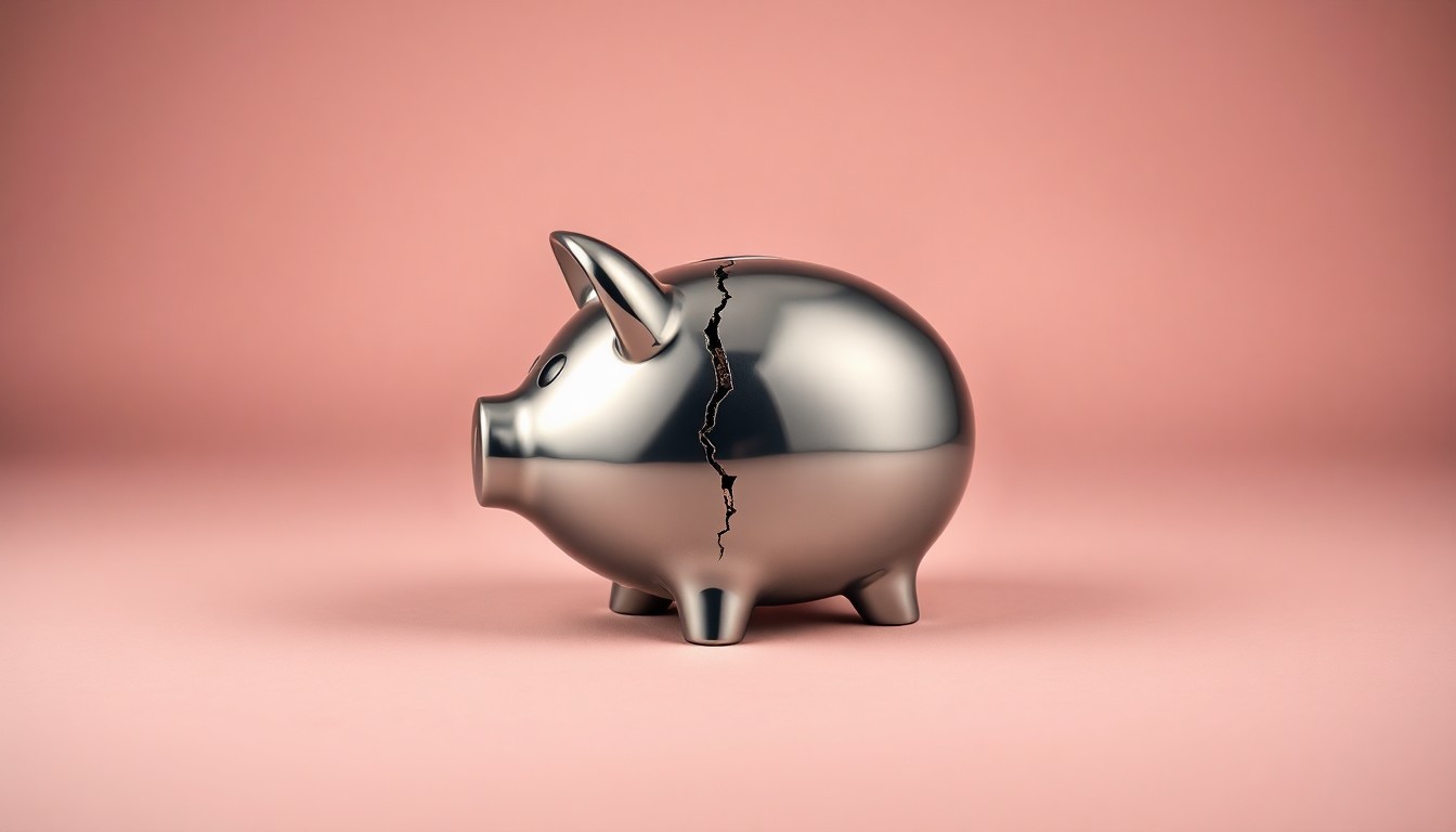 A photorealistic studio still-life image of a polished metal piggy bank with a large crack running down the side, resting on a clean, monochromatic background and illuminated by dramatic studio lighting, conceptually representing the complex relationship between wealth, philanthropy, and societal impact.