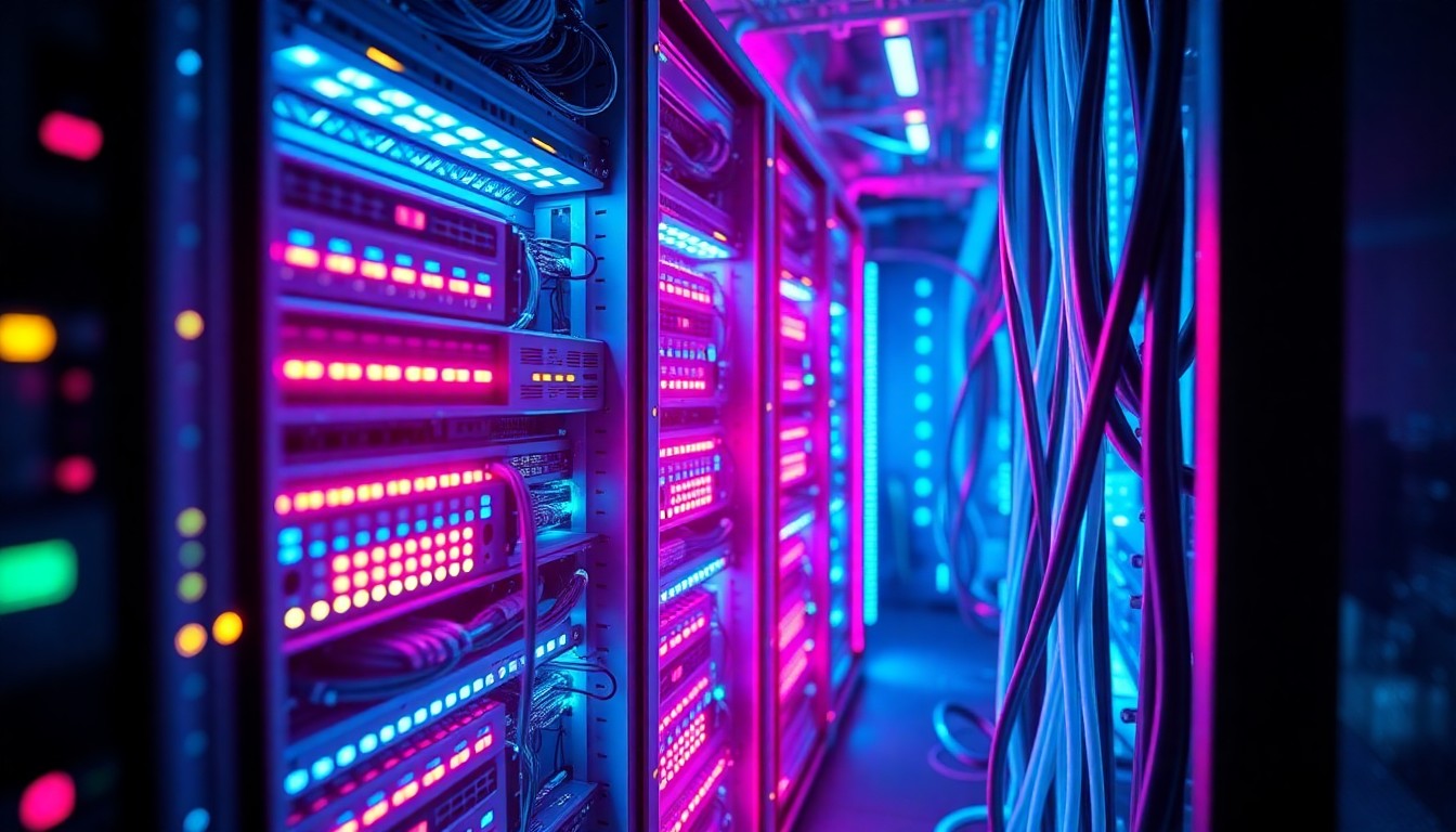 A highly detailed, glowing 3D macro illustration of a futuristic cybersecurity server rack, with neon cyan and magenta lights illuminating the complex hardware and cables, conceptually representing the technical complexity and high-stakes nature of the cyberattack on the town of Apex's data infrastructure.