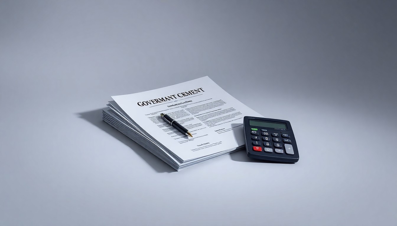 A photorealistic studio still-life photograph featuring a stack of official government documents, a pen, and a calculator arranged on a clean, monochromatic background, symbolizing the importance of corporate compliance and avoiding predatory scams.