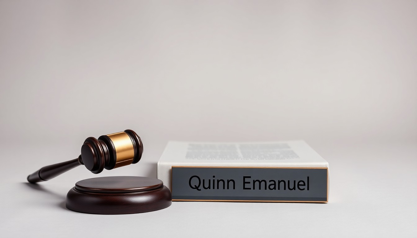 A photorealistic studio still-life featuring a gavel, a law book, and a nameplate with the words 