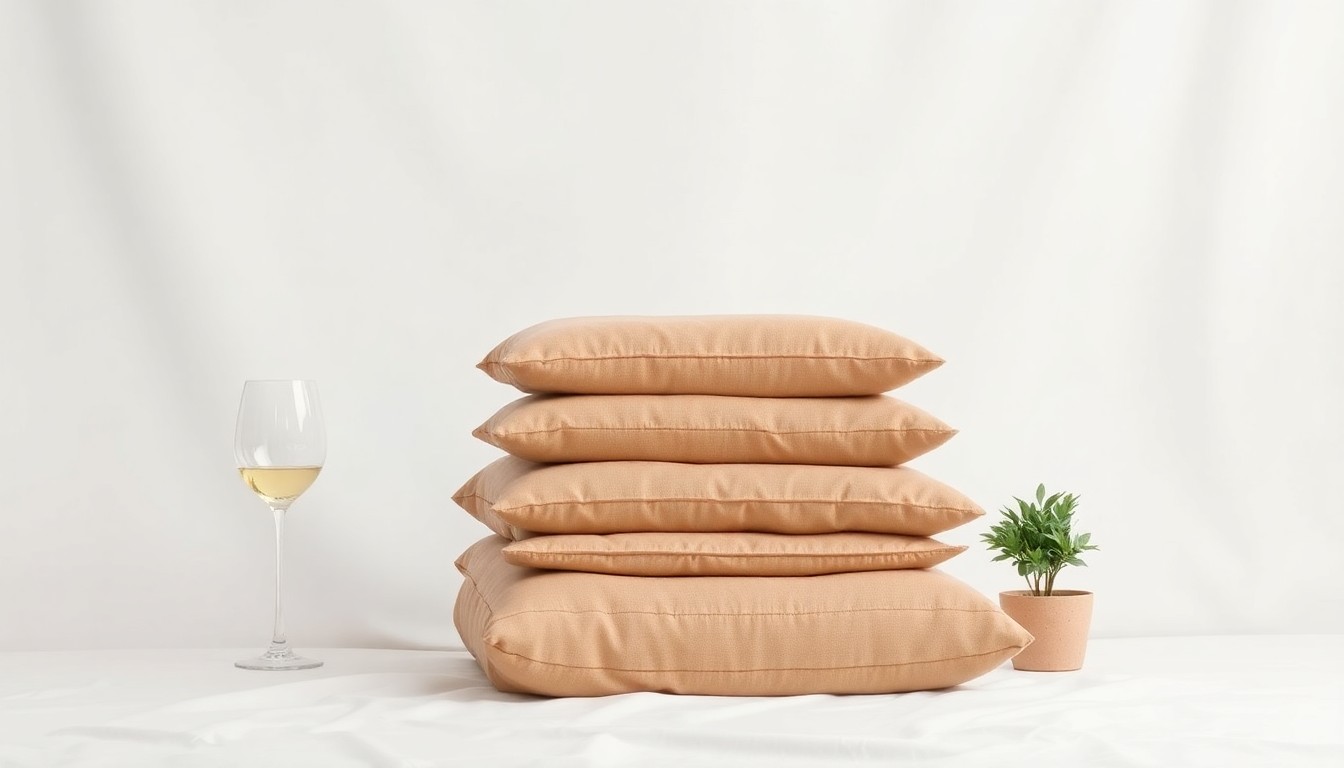 A minimalist, high-end studio still life photograph featuring a stack of neatly folded furniture cushions, a single wine glass, and a small potted plant, all arranged elegantly on a clean, white background to symbolize the transition from a furniture store to a new wine lounge.