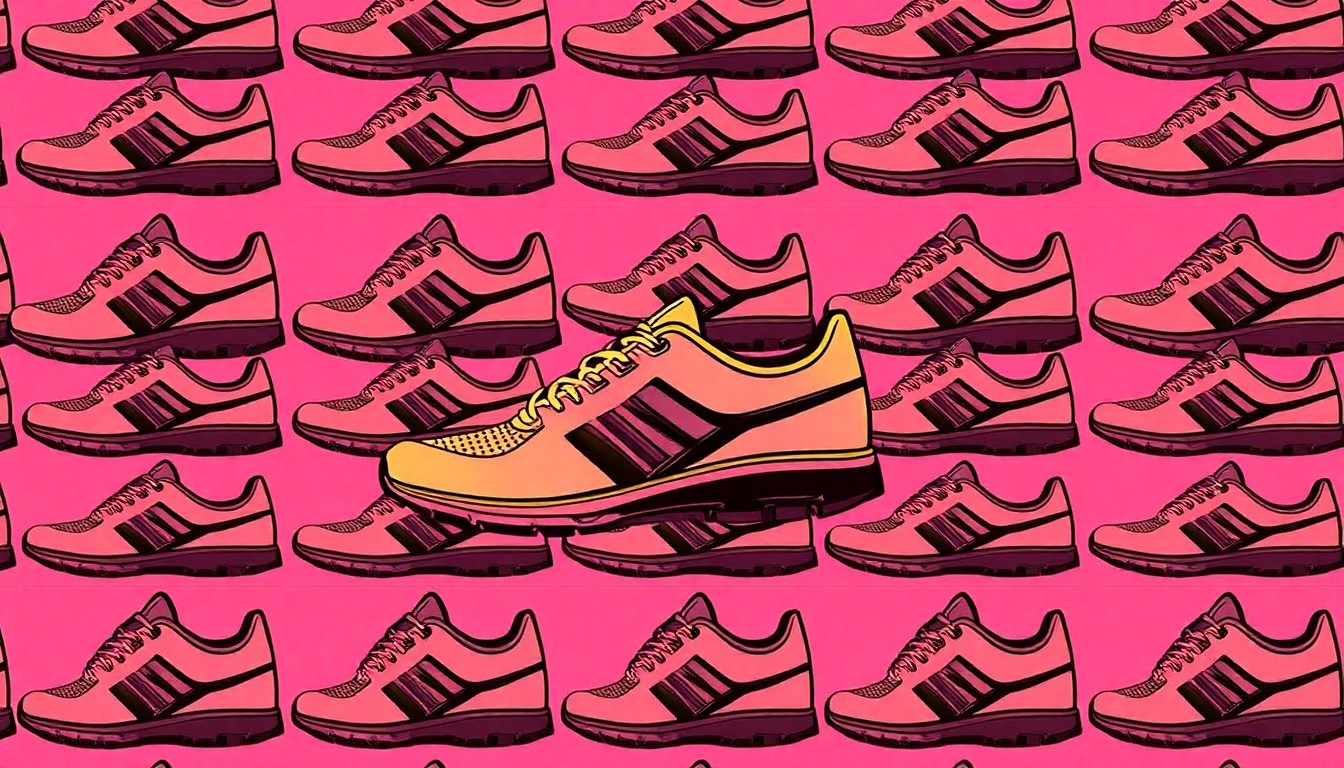 A bold, colorful silkscreen print featuring a single running shoe repeated in a grid pattern, conceptually representing the fight for homeschooled students to participate in high school athletics.