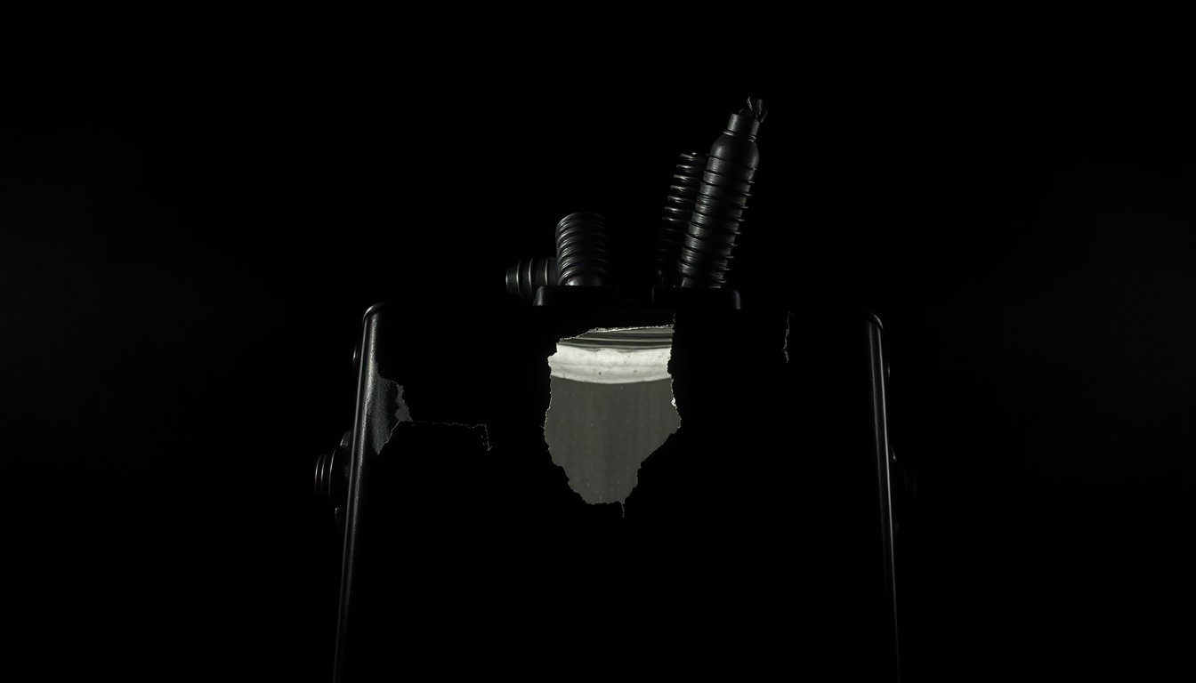 An extreme close-up photograph of a partially damaged electrical transformer or other crime-related object, lit by a harsh, direct camera flash against a pitch-black background, creating a stark, gritty, investigative aesthetic.