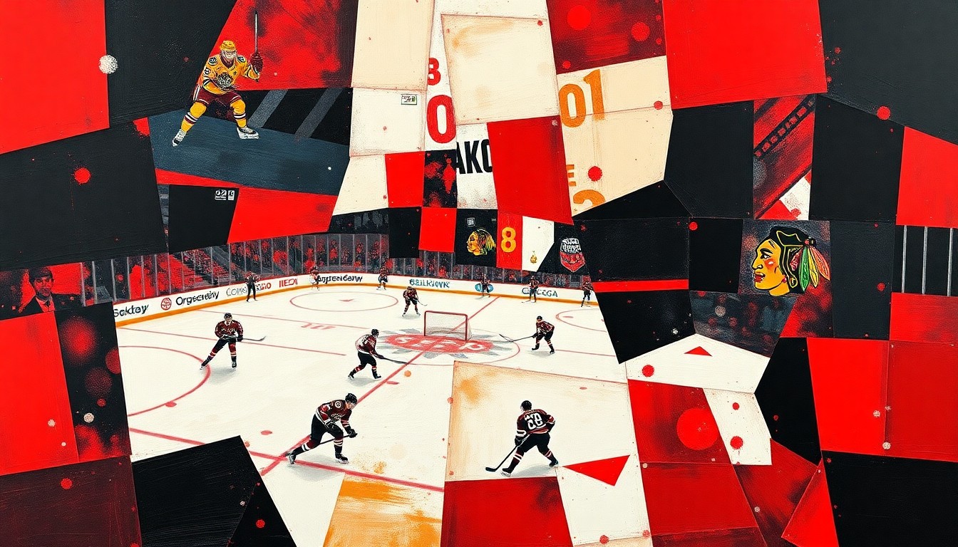 A cubist, geometric painting featuring overlapping planes of red, black, and white, conceptually representing the diverse contributions of three Blackhawks legends being inducted into the team's Hall of Fame.
