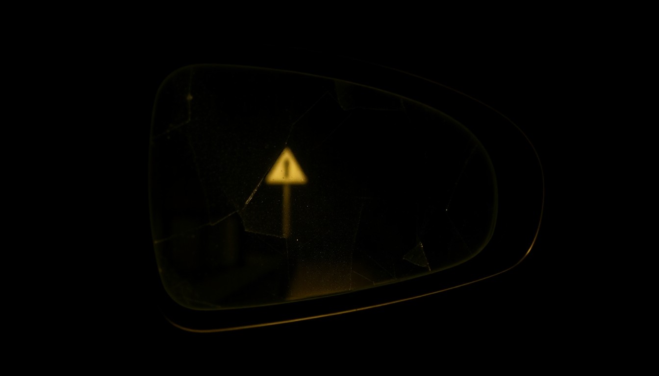 An extreme close-up photograph of a damaged car side mirror, reflecting the faint outline of a street sign, against a pitch-black background, conceptually illustrating the aftermath of a pedestrian collision.