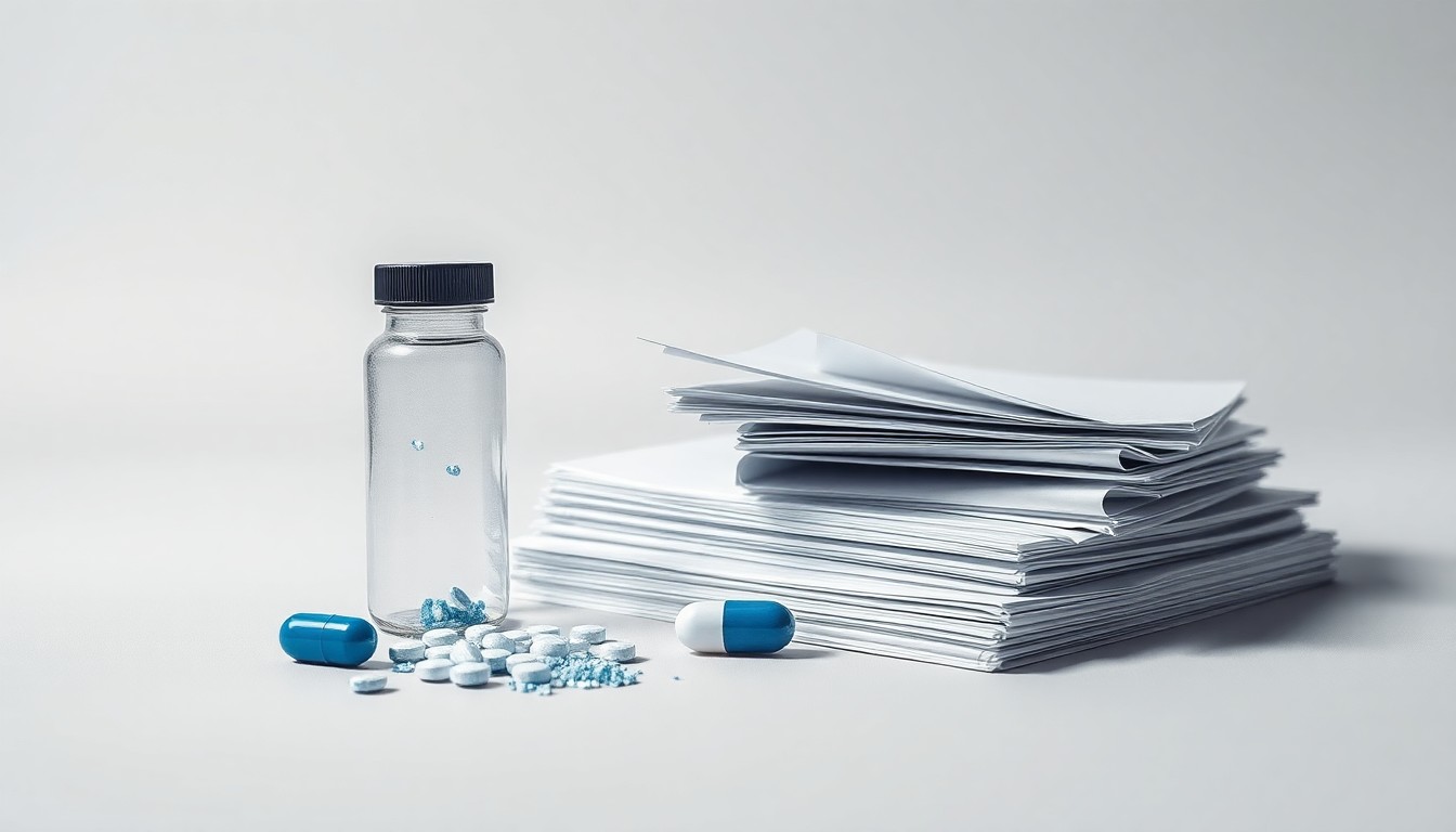 A minimalist studio still life photograph featuring a shattered glass vial, a cracked pill capsule, and a stack of legal documents, conceptually representing the abstract corporate strategy, legal battles, and regulatory challenges faced by the pharmaceutical industry.