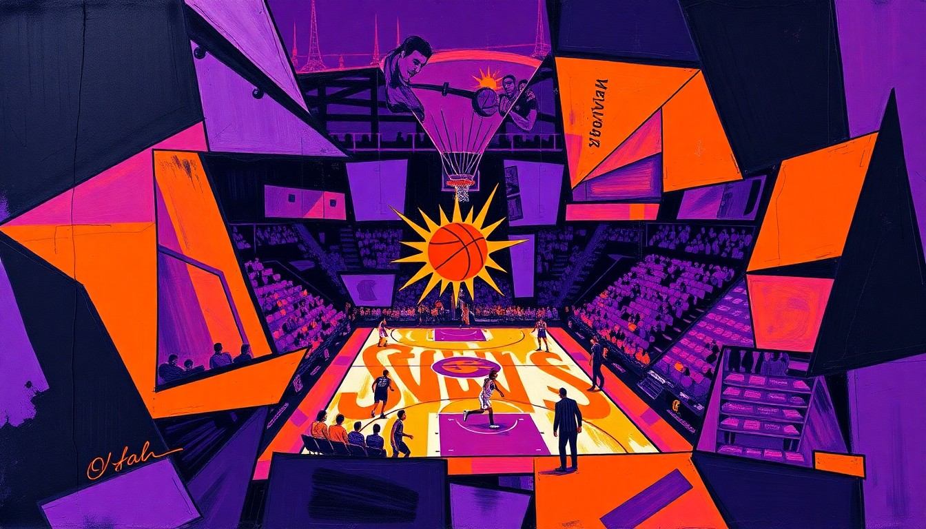 A fractured, multi-angled painting depicting a Suns basketball game, with sharp geometric shapes in shades of purple, orange, and black, conveying the team's tumultuous late-season push for the playoffs.