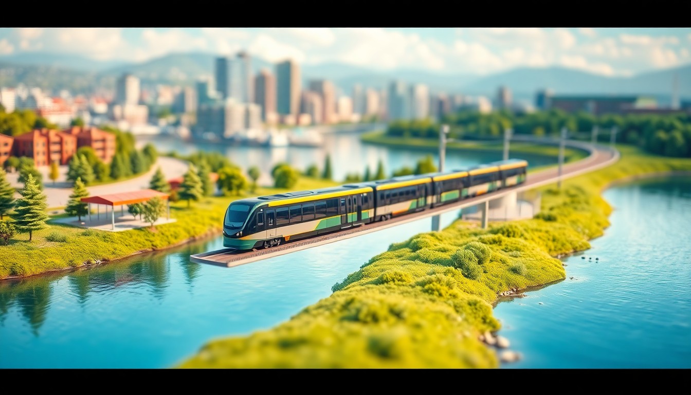 A detailed, isometric 3D digital illustration depicting the Crosslake Light Rail line running across a body of water, with modern train cars and stations surrounded by a vibrant cityscape in the background, conveying a sense of progress and connectivity.