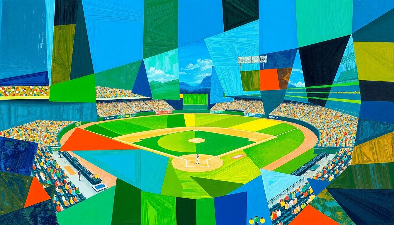 A fragmented, geometric painting in bold colors depicting the action and movement of a baseball game, conveying the intensity of the sport through an abstract, deconstructed visual style.