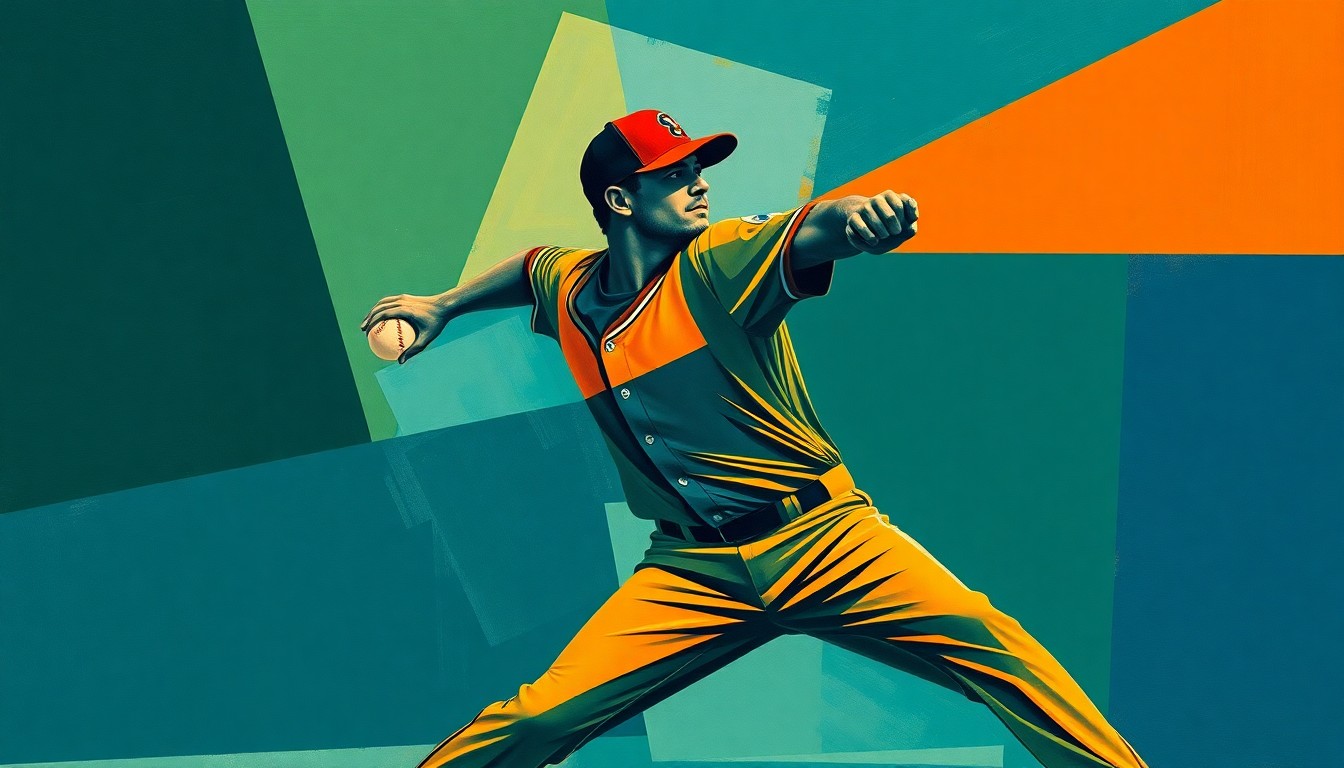 A cubist-style painting depicting a baseball pitcher's windup and delivery broken down into sharp, overlapping geometric shapes in navy, green, and orange, conveying the dynamic motion and energy of the sport.