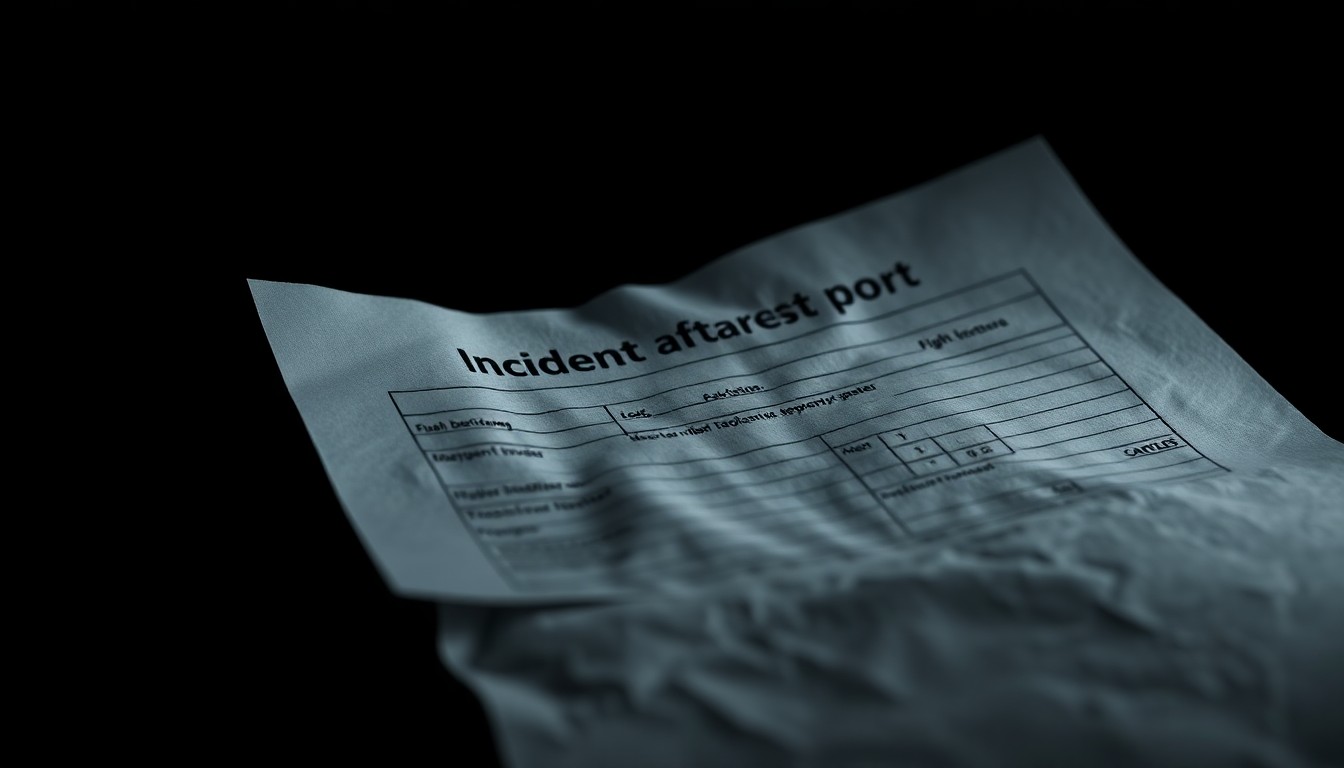 An extreme close-up of a crumpled police incident report form, its details obscured by dramatic shadows and highlights from a direct camera flash, conveying a sense of the serious, investigative nature of the alleged crime.