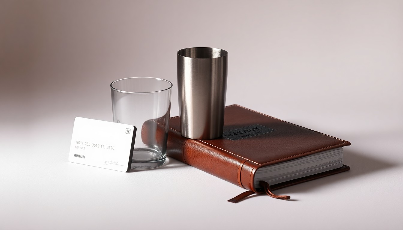 A minimalist studio still life photograph featuring a polished metal hotel key card, a sleek glass tumbler, and a leather-bound guest book, arranged elegantly on a clean, monochromatic background to symbolize the luxury and corporate strategy behind a new hospitality investment platform.