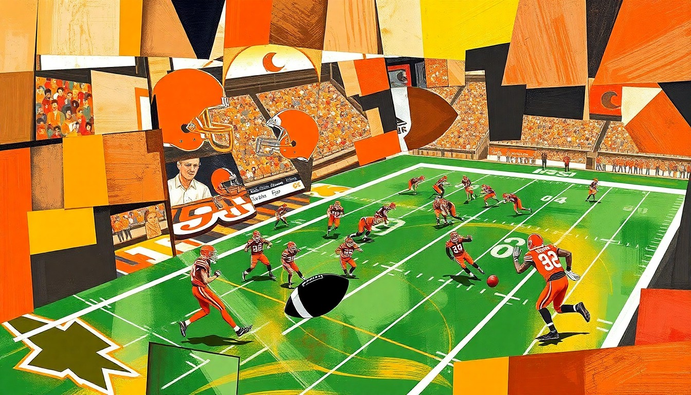 A cubist, geometric painting in shades of brown and orange, depicting a fragmented football game or match, representing the divisive issues surrounding the Browns' quarterback situation.