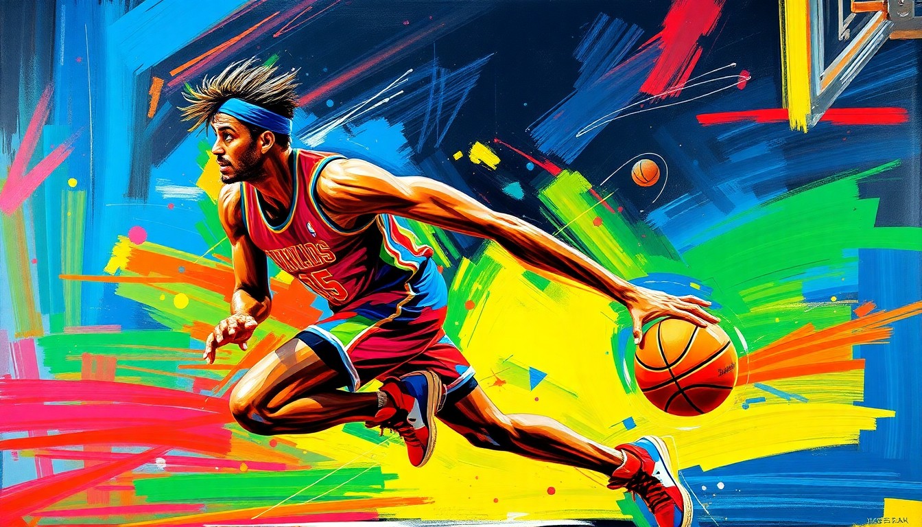 An abstract, energetic painting in a vibrant neon color palette, with rapid brushstrokes capturing the dynamic motion and competitive spirit of a basketball player.