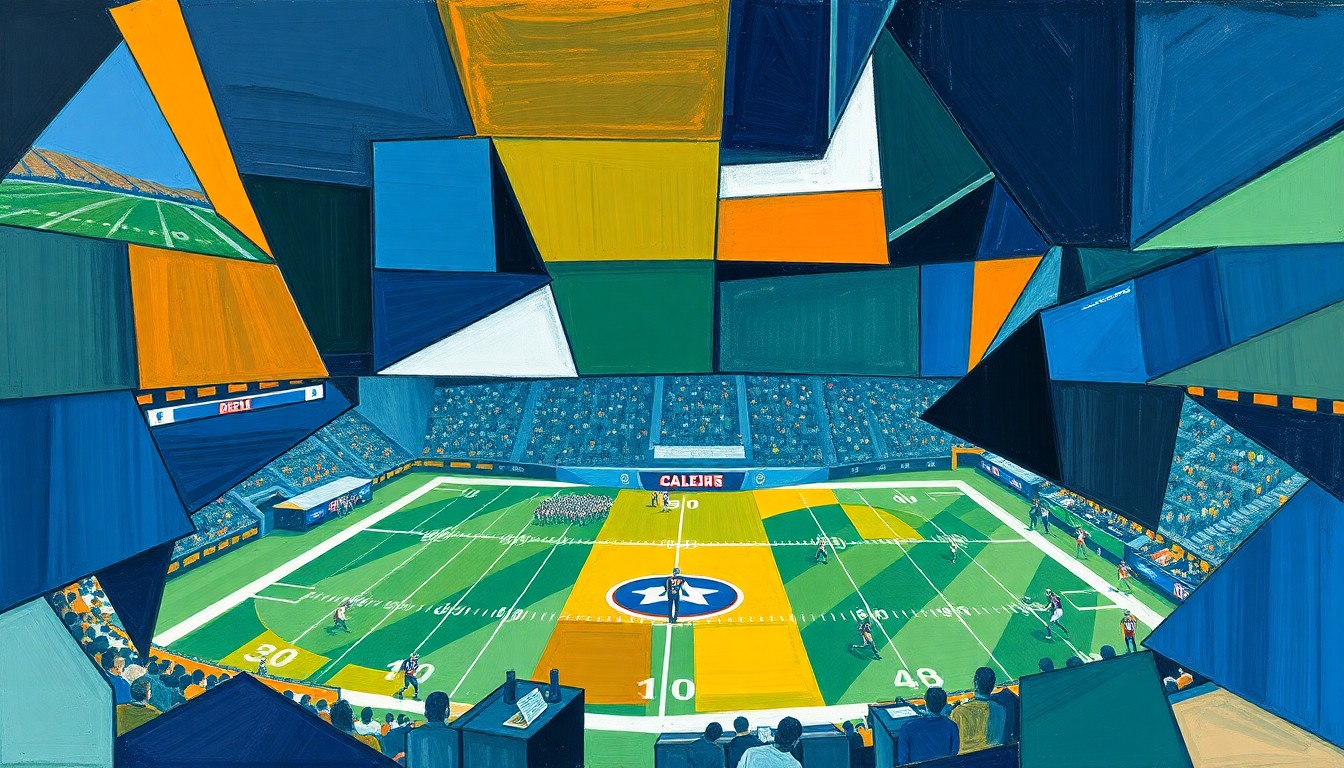 A cubist, geometric painting in navy, green, and orange hues, depicting fragmented and overlapping shapes that represent the complex challenges of promoting diversity in the NFL's leadership ranks.
