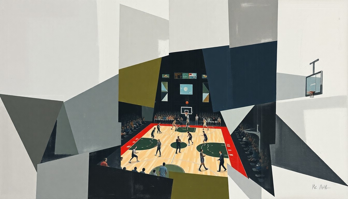 A cubist, geometric painting depicting a fragmented basketball game, with sharp planes of muted colors overlapping to create a sense of motion and multiple perspectives.