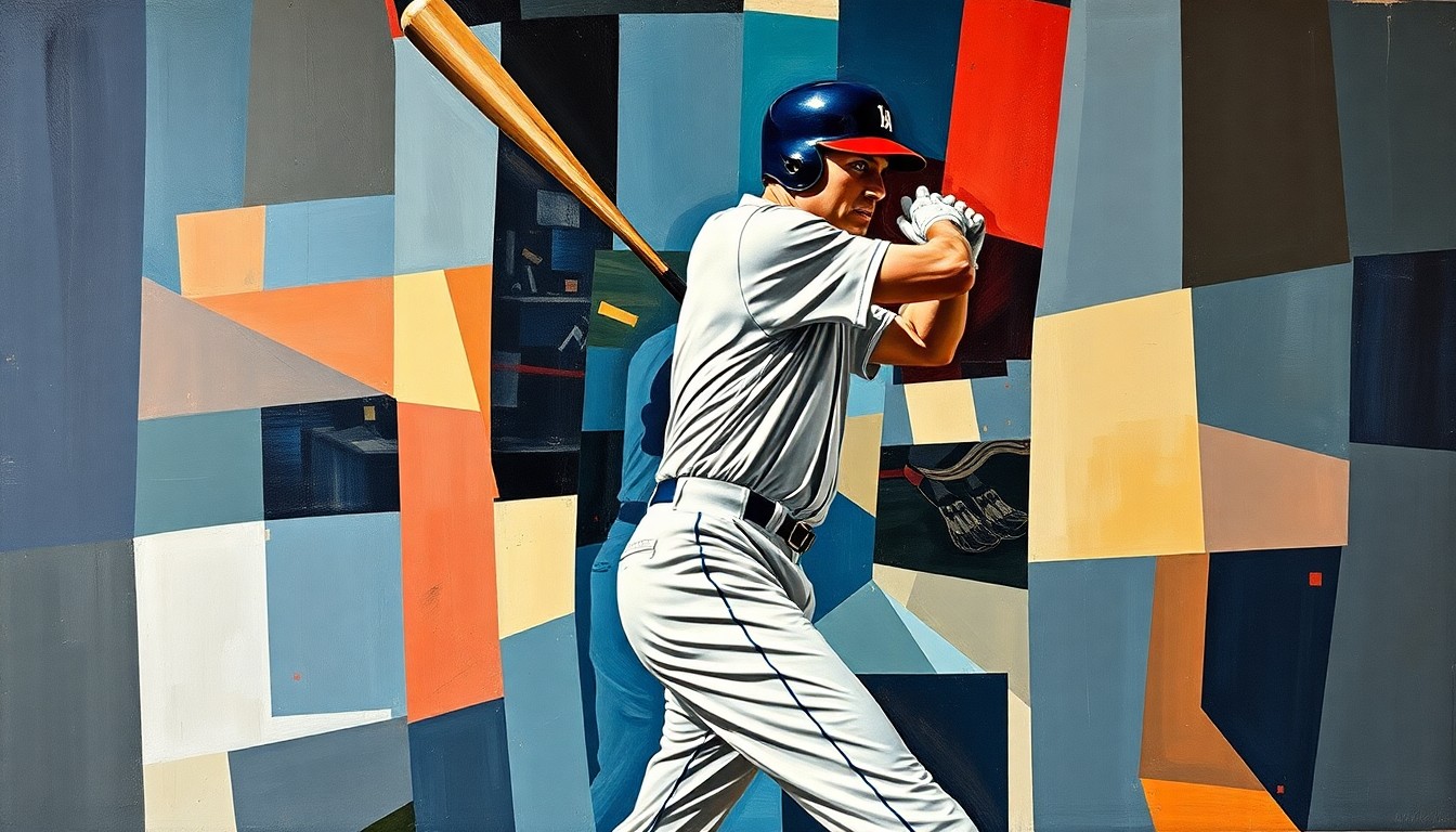 A fragmented, geometric painting depicting a baseball player's batting stance and swing, with sharp, overlapping planes of color and form conveying the dynamic motion of the game.