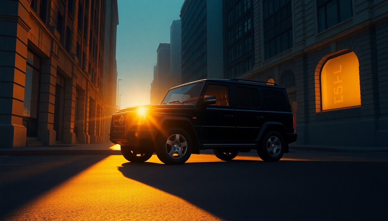 A cinematic painting of a solitary government-issued black SUV parked on a dimly lit city street, its headlights casting long shadows across the pavement. The vehicle is bathed in warm, diagonal sunlight, with deep shadows accentuating the architectural details of the surrounding buildings, creating a sense of quiet tension and investigation.