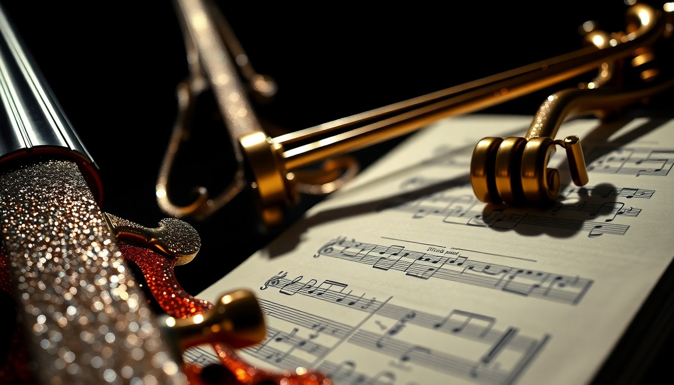 An abstract close-up photograph of the intricate textures and materials of classical music, including shimmering sheet music and the gleaming surfaces of orchestral instruments, captured in dramatic high-contrast lighting to evoke a sense of glamour and sophistication.