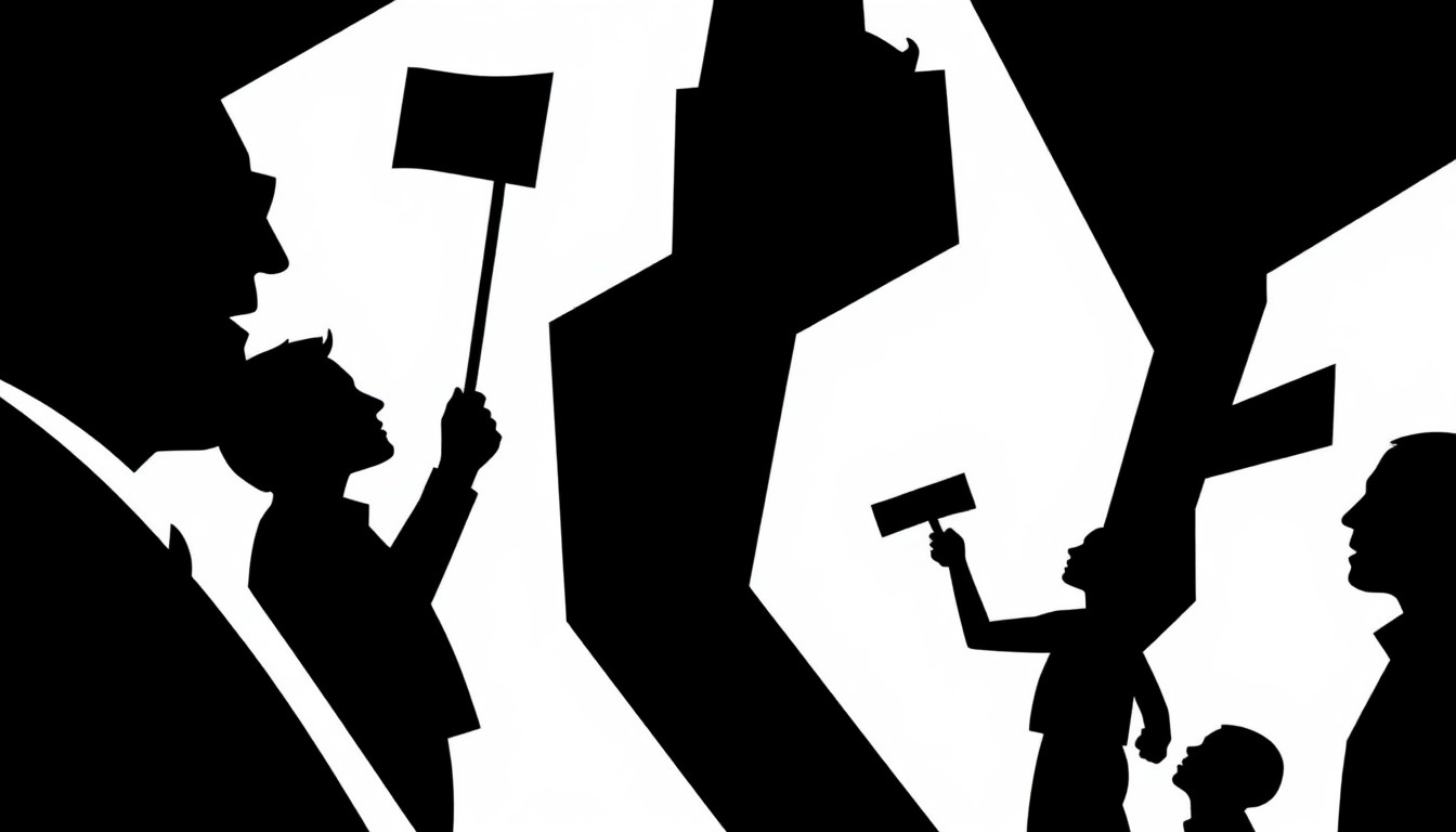 An abstract, minimalist illustration featuring sharp, angular black shapes and silhouettes in a high-contrast composition, conceptually representing the tension between celebrity activism and grassroots populism.
