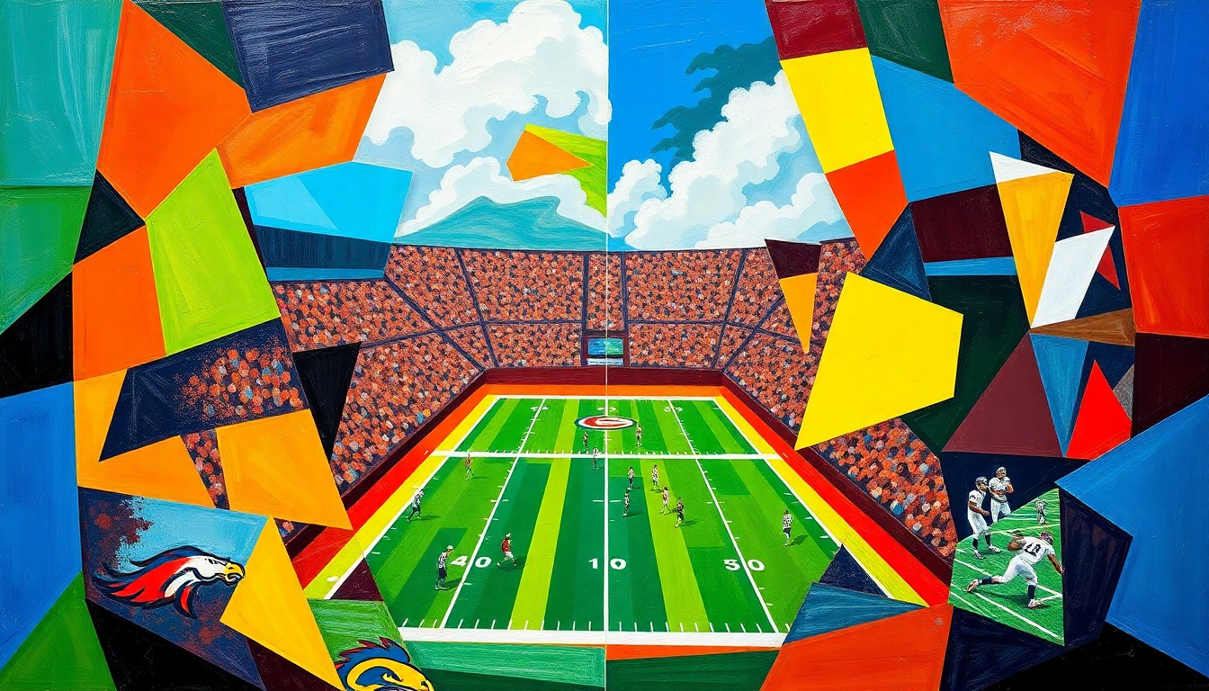 A fragmented, geometric painting in vibrant colors representing a UFL football game, with players and the field broken down into overlapping planes and shapes.