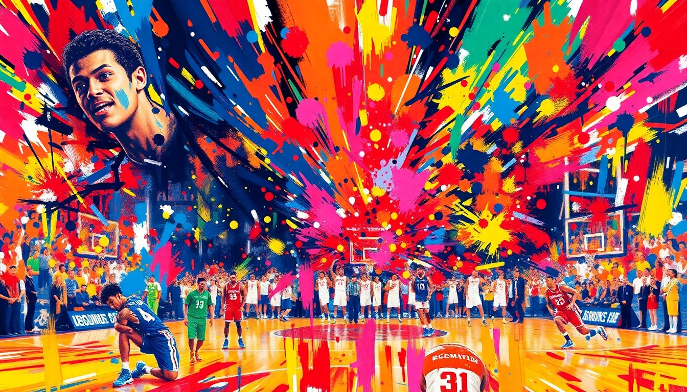 An abstract expressionist painting in neon colors depicting the chaotic final seconds of a basketball game, with players' figures and the court dissolving into swirling brushstrokes and splatters of paint.