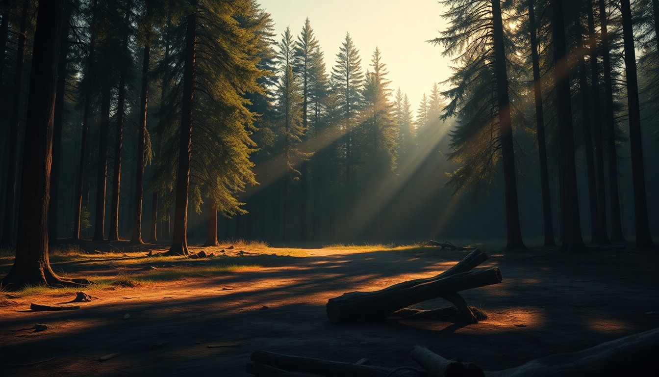A photorealistic painting of an old-growth forest clearing with a fallen tree trunk in the foreground, the scene bathed in warm, diagonal sunlight and deep shadows, conveying a sense of quiet contemplation about the future of these protected lands.