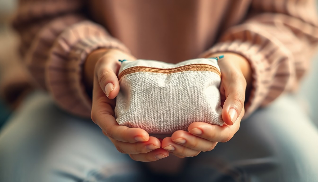 A softly blurred, abstract photograph in warm, earthy tones depicting a woman's hands gently holding a small toiletry bag, conveying the comfort and care provided by the 'Bravery Bags' for domestic abuse survivors.