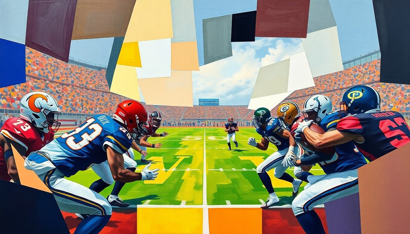 A cubist, geometric painting depicting a college football game, with sharp, overlapping planes of color representing the competing teams and the dynamic action on the field.