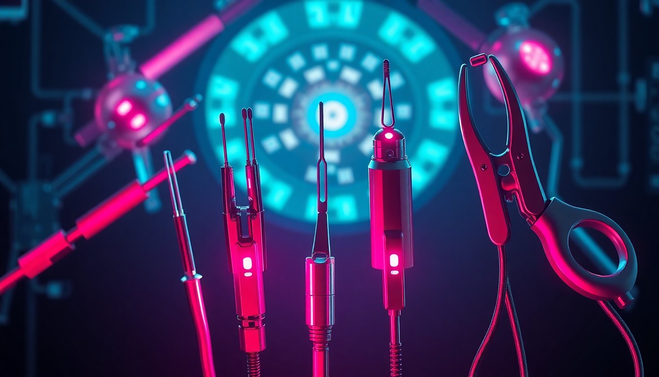 A highly detailed, glowing 3D macro illustration of various robotic surgical instruments, including needle drivers, fenestrated graspers, and monopolar scissors, illuminated by neon cyan and magenta lights against a dark, technical backdrop, conceptually representing the innovative technology powering Vicarious Surgical's minimally invasive surgical system.