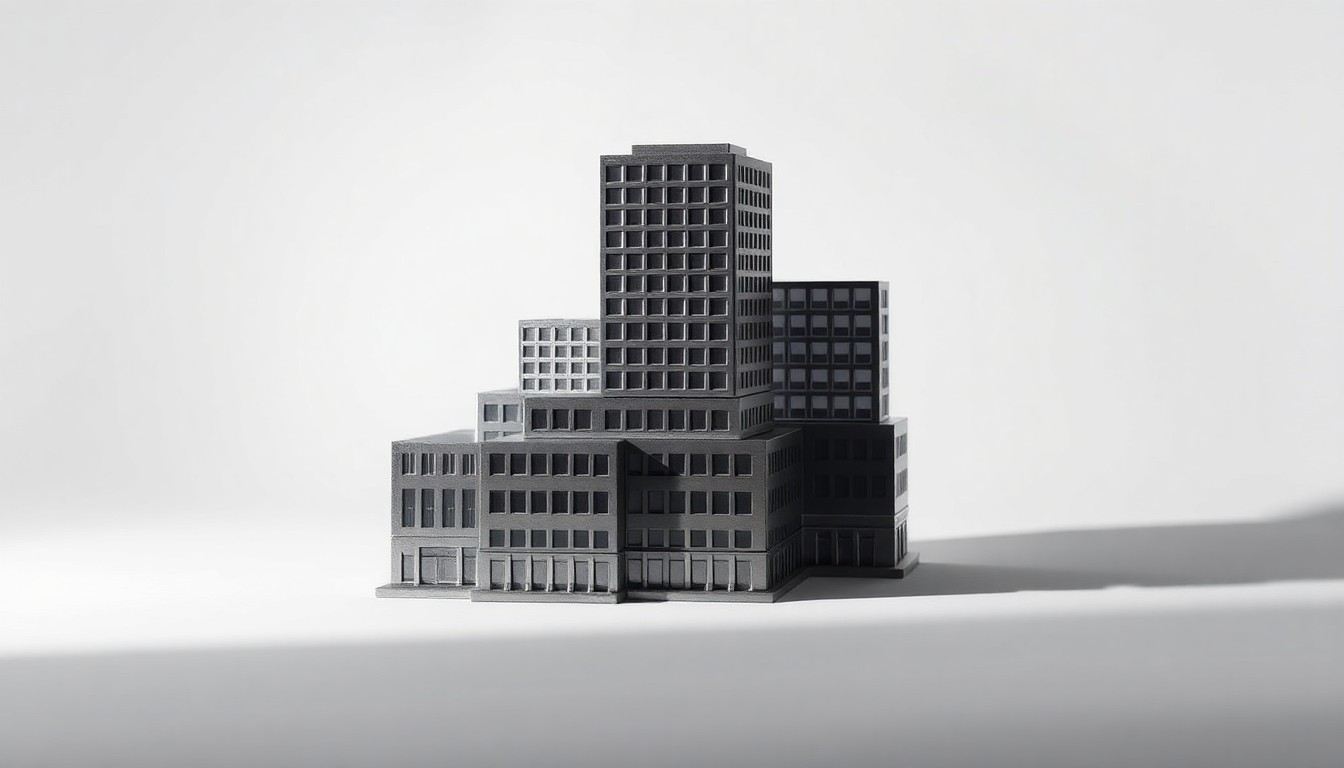 A minimalist studio still life photograph featuring a stack of polished metal office building models in shades of silver and grey, arranged elegantly on a clean white background with dramatic studio lighting casting deep shadows, symbolizing the financial performance and market positioning of a major commercial real estate investment trust.
