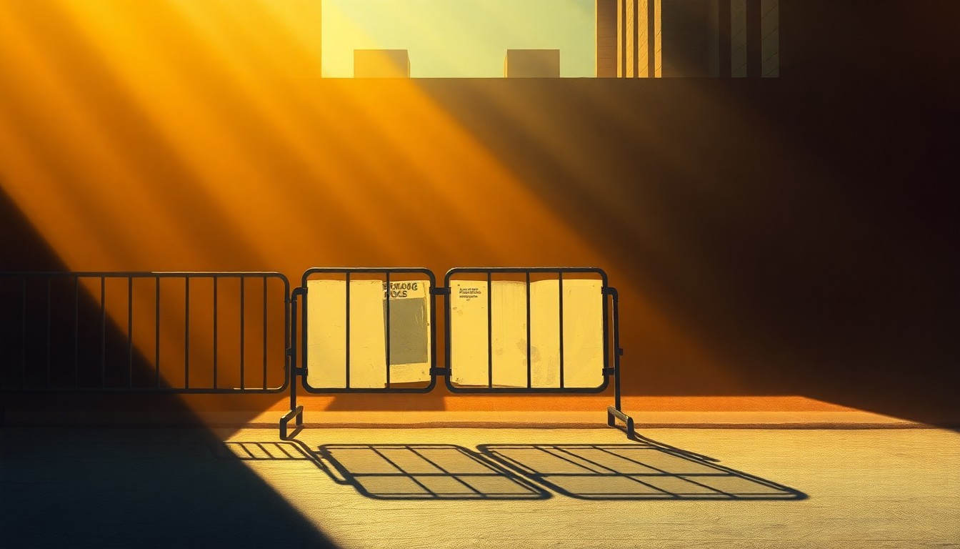 A moody, cinematic painting depicting a lone police barricade or riot shield in soft, warm light, conveying the tense and divisive aftermath of the Capitol attack.